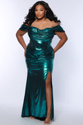 Plus size metallic fitted gold or teal prom dress.  Pleated dramaticbodice with detachable drape sleevesand exposed corset boning on basque waistline.  Slim, fitted skirt with ruching and high slit. Tease Prom style TE2515