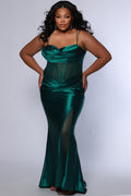 Sexy plus size fitted prom dress with double spaghetti straps, pleated bodice with optional bodice lining.  Exposed boning with hot fix stones on basque waistline.  Slim fitted skirt with ruching. High slit filled in with mesh and hot fix stones. Tease Prom style TE2516 avialable in berry, forest and navy. 