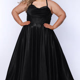 Tease Prom style TE2532 is available in black, blue, pink, purple or red in plus sizes 14-32.  Pleated draped bodice with exposed boning and optional bodice lining. Full A-line skirt with pockets. Straps go into lace up ties with modesty panel on the back. 