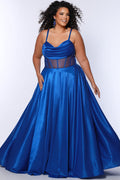 Tease Prom style TE2532 is available in black, blue, pink, purple or red in plus sizes 14-32.  Pleated draped bodice with exposed boning and optional bodice lining. Full A-line skirt with pockets. Straps go into lace up ties with modesty panel on the back. 