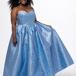 Tease Prom for Sydney's Closet style TE2538 available in amethyst purple and topaz blue. Plus size ballgown with strapless sweetheart bodice, exposed boning, basque waist and full A-line skirt with pockets. Lace up back with modesty panel and ties.
