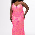 Tease Prom style TE2602 in flamingo pink. 

Fitted plus size gown with v-neckline and spaghetti straps. Sequin embellished stretch fabric with knit lining. Center back zipper. Available in sizes 10-28 in Pink, light blue and lavender. 