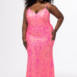 Tease Prom style TE2602 in flamingo pink. 

Fitted plus size gown with v-neckline and spaghetti straps. Sequin embellished stretch fabric with knit lining. Center back zipper. Available in sizes 10-28 in Pink, light blue and lavender. 