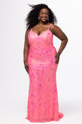 Tease Prom style TE2602 in flamingo pink. 

Fitted plus size gown with v-neckline and spaghetti straps. Sequin embellished stretch fabric with knit lining. Center back zipper. Available in sizes 10-28 in Pink, light blue and lavender. 