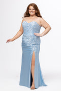 Tease Prom style TE2608 in Capri Blue.

Strapless sweetheart plus size fitted gown. Exposed boning with 3D floral appliques and sequin detail on stretch satin. Basque waist, ruched skirt and left leg slit. Lace up back with half zipper, sweep train. Available in sizes 14-28 in Capri Blue, Sage Green and Orchid Purple. 