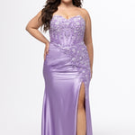 Tease Prom style TE2608 in Orchid Purple.

Strapless sweetheart plus size fitted gown. Exposed boning with 3D floral appliques and sequin detail on stretch satin. Basque waist, ruched skirt and left leg slit. Lace up back with half zipper, sweep train. Available in sizes 14-28 in Capri Blue and Orchid Purple. 