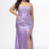 Tease Prom style TE2608 in Orchid Purple.

Strapless sweetheart plus size fitted gown. Exposed boning with 3D floral appliques and sequin detail on stretch satin. Basque waist, ruched skirt and left leg slit. Lace up back with half zipper, sweep train. Available in sizes 14-28 in Capri Blue and Orchid Purple. 