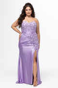 Tease Prom style TE2608 in Orchid Purple.

Strapless sweetheart plus size fitted gown. Exposed boning with 3D floral appliques and sequin detail on stretch satin. Basque waist, ruched skirt and left leg slit. Lace up back with half zipper, sweep train. Available in sizes 14-28 in Capri Blue, Sage Green and Orchid Purple. 