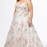 Tease Prom style TE2609 in floral. 

Strapless sweetheart plus size floral gown. Exposed boning with floral sequin detail. Organza A-line skirt with no slit. Center back zipper. Available in sizes 14-28. 