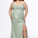Tease Prom style TE2610 in sage green. 

Strapless, deep v-neckline plus size fitted gown. Stretch satin fabric with draped bodice detail and floral sequin appliques. Left leg slit and center back zipper. Available in sizes 14-24. 