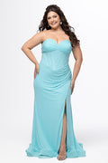Tease Prom style TE2612 in Seafoam. 

Strapless sweetheart neckline fitted plus size gown. Exposed boning, tone-on-tone hotfix and ruched bodice. Basque waist, ruched slim skirt and left leg slit. Horsehair hem and center back zipper. Available in sizes 14-28 in Capri blue, periwinkle and seafoam. 
