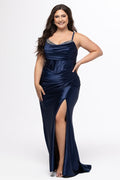Tease Prom style TE2613 in Admiral blue.

Fitted stretch satin plus size gown. Scoop neckline, V-back with Exposed boning, drape bodice and stone detail under drape. Spaghetti straps, ruched fitted skirt and basque waist. Left leg slit and center back zipper. Available in sizes 14-28 in Admiral blue, Emerald Green, Firecracker red and Onyx black. 