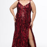 Tease Prom style TE2614 in Wine. 

Slim fitted plus size gown. Sequin detail over stretch knit lining. V-neckline with double spaghetti straps. Left leg slit and center back zipper. Available in sizes 14-24 in Wine and rose gold. 