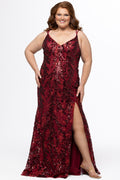 Tease Prom style TE2614 in Wine. 

Slim fitted plus size gown. Sequin detail over stretch knit lining. V-neckline with double spaghetti straps. Left leg slit and center back zipper. Available in sizes 14-24 in Wine and rose gold. 