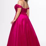 Tease Prom style TE2615 in Magenta. 

Strapless taffeta plus size A-line gown. Lace covered sweetheart bodice with ruched basque waist.  Off-the-shoulder lace covered straps, lace up back and pockets. Available in sizes 14-32. 