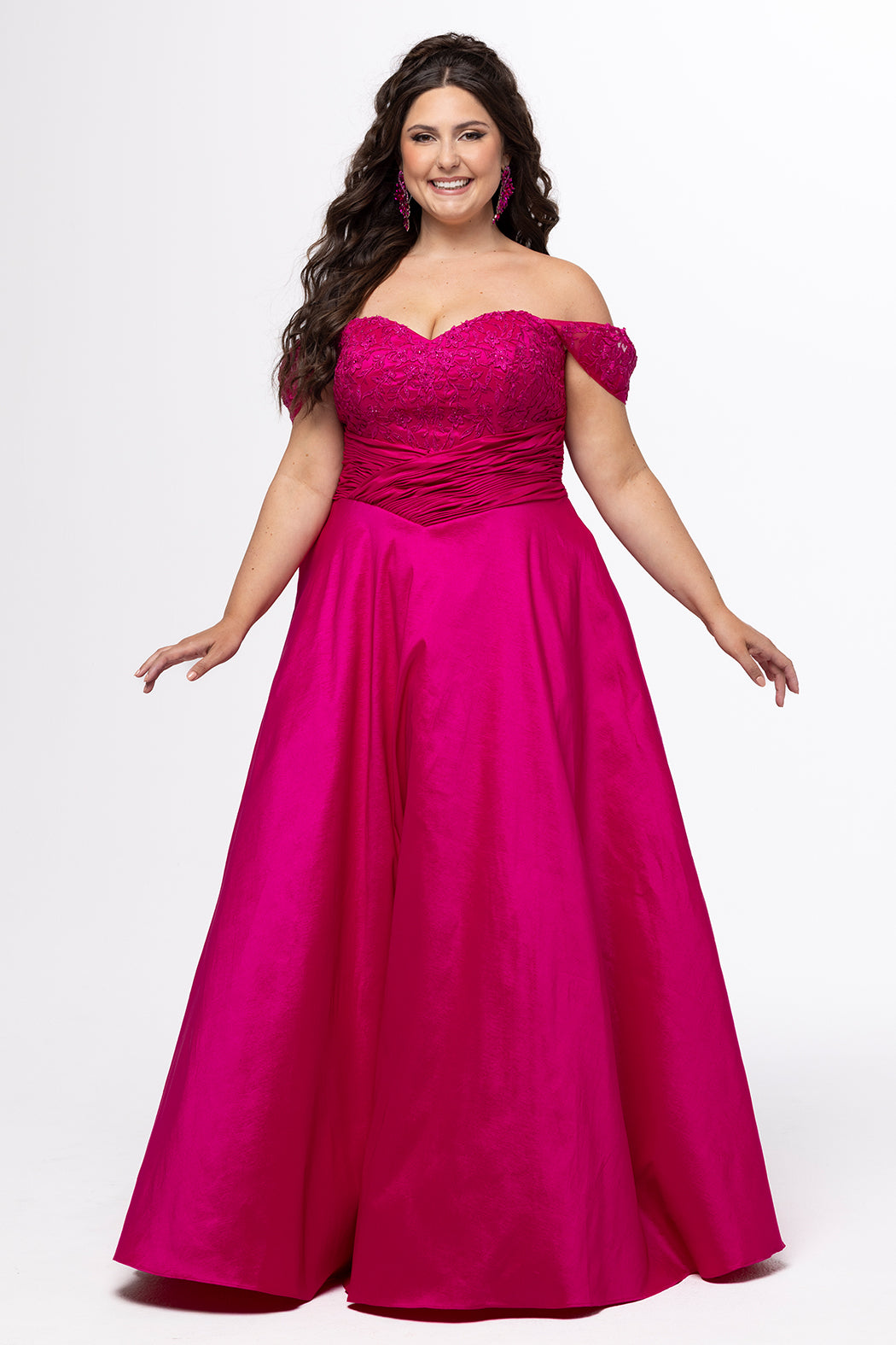 Tease Prom style TE2615 in Magenta. 

Strapless taffeta plus size A-line gown. Lace covered sweetheart bodice with ruched basque waist.  Off-the-shoulder lace covered straps, lace up back and pockets. Available in sizes 14-32. 