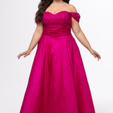 Tease Prom style TE2615 in Magenta. 

Strapless taffeta plus size A-line gown. Lace covered sweetheart bodice with ruched basque waist.  Off-the-shoulder lace covered straps, lace up back and pockets. Available in sizes 14-32. 