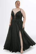 Teen modeling tulle and lace evening gown with a deep V-neckline and slit on a white background.

TE2616 in back by Tease Prom, exclusively plus size prom dresses designed by Sydney's Closet.