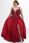 Teen modeling tulle and lace evening gown with a deep V-neckline and slit on a white background.

TE2616 in burgundy red by Tease Prom, exclusively plus size prom dresses designed by Sydney's Closet.