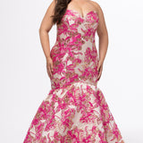 Tease Prom style TE2620 in Fuchsia. 

Strapless mermaid plus size gown. Brocade fabric with gold detail. Princess seams, sweetheart neckline, trumpet skirt and lace up back. Available in sizes 14-24 in Ocean blue and Fuchsia. 