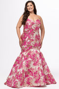 Tease Prom style TE2620 in Fuchsia. 

Strapless mermaid plus size gown. Brocade fabric with gold detail. Princess seams, sweetheart neckline, trumpet skirt and lace up back. Available in sizes 14-24 in Ocean blue and Fuchsia. 