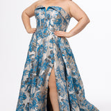 Tease Prom style TE2621 in Ocean. 

Strapless A-line plus size gown. Exposed boning, bodice cuff and basque waist. Brocade fabric with gold detail. Left leg slit, pockets and center back zipper. Available in sizes 14-32 in Ocean blue and Fuchsia