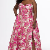 Curvy Floral Brocade Prom Gown