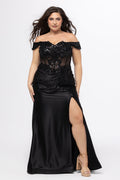 Tease Prom style TE2625 in Black. 

Strapless satin fitted plus size gown.  Stretch satin, Sequin appliques, Bugle beads and circle beads. Sweetheart neckline with Detachable drape sleeves, pleated. Optional bodice lining and Exposed corset boning. Basque waistline and Ruched bum. Fitted skirt with Slit on left leg. Lace up back with half zipper. Available in Emerald green, Navy blue, Lipstick pink and Black sizes 14-28. 