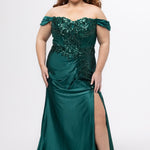 Tease Prom style TE2625 in Emerald. 

Strapless satin fitted plus size gown.  Stretch satin, Sequin appliques, Bugle beads and circle beads. Sweetheart neckline with Detachable drape sleeves, pleated. Optional bodice lining and Exposed corset boning. Basque waistline and Ruched bum. Fitted skirt with Slit on left leg. Lace up back with half zipper. Available in Emerald green and Black sizes 14-28. 