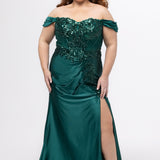 Tease Prom style TE2625 in Emerald. 

Strapless satin fitted plus size gown.  Stretch satin, Sequin appliques, Bugle beads and circle beads. Sweetheart neckline with Detachable drape sleeves, pleated. Optional bodice lining and Exposed corset boning. Basque waistline and Ruched bum. Fitted skirt with Slit on left leg. Lace up back with half zipper. Available in Emerald green and Black sizes 14-28. 