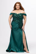 Tease Prom style TE2625 in Emerald. 

Strapless satin fitted plus size gown.  Stretch satin, Sequin appliques, Bugle beads and circle beads. Sweetheart neckline with Detachable drape sleeves, pleated. Optional bodice lining and Exposed corset boning. Basque waistline and Ruched bum. Fitted skirt with Slit on left leg. Lace up back with half zipper. Available in Emerald green, Navy blue, Lipstick pink and Black sizes 14-28. 