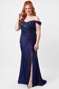 Tease Prom style TE2625 in Navy blue. 

Strapless satin fitted plus size gown.  Stretch satin, Sequin appliques, Bugle beads and circle beads. Sweetheart neckline with Detachable drape sleeves, pleated. Optional bodice lining and Exposed corset boning. Basque waistline and Ruched bum. Fitted skirt with Slit on left leg. Lace up back with half zipper. Available in Emerald green, Navy blue, Lipstick pink and Black sizes 14-28. 