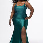 Tease Prom style TE2627 in Emerald green. 

Fitted plus size gown with Stretch satin, Scoop neckline, Straps and a Natural waistline. A ruched bum and left leg slit. lace up back with modesty panel. Horsehair hem and sweep train. Available in sizes 14-24 in Lipstick pink, Emerald green and Navy blue. 