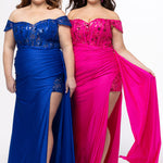 Tease Prom style TE2629 in Sapphire blue and pink. 

Slim fitted plus size gown. Sweetheart neckline, Exposed corset boning, Natural waistline on front, basque waistline at back. Ruched skirt, Left leg slit with appliqués on net, Drape flyaway on waist. Detachable lace covered drape straps. Lace up back with modesty panel. Available in Blue, pink, red and black sizes 14-24. 