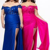 Tease Prom style TE2629 in Sapphire blue and pink. 

Slim fitted plus size gown. Sweetheart neckline, Exposed corset boning, Natural waistline on front, basque waistline at back. Ruched skirt, Left leg slit with appliqués on net, Drape flyaway on waist. Detachable lace covered drape straps. Lace up back with modesty panel. Available in Blue, pink, red and black sizes 14-24. 