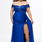 Tease Prom style TE2629 in Sapphire blue. 

Slim fitted plus size gown. Sweetheart neckline, Exposed corset boning, Natural waistline on front, basque waistline at back. Ruched skirt, Left leg slit with appliqués on net, Drape flyaway on waist. Detachable lace covered drape straps. Lace up back with modesty panel. Available in Blue, pink, red and black sizes 14-24. 