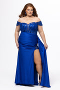 Tease Prom style TE2629 in Sapphire blue. 

Slim fitted plus size gown. Sweetheart neckline, Exposed corset boning, Natural waistline on front, basque waistline at back. Ruched skirt, Left leg slit with appliqués on net, Drape flyaway on waist. Detachable lace covered drape straps. Lace up back with modesty panel. Available in Blue, pink, red and black sizes 14-24. 