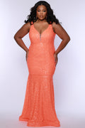 Fitted mermaid prom dress TE2519 by Tease Prom.  Deep v-necking with nude mesh insert, bra-friendly straps and slim fitted skirt. Availablie in tangelo orange or raspberry pink in plus sizes 14-28.