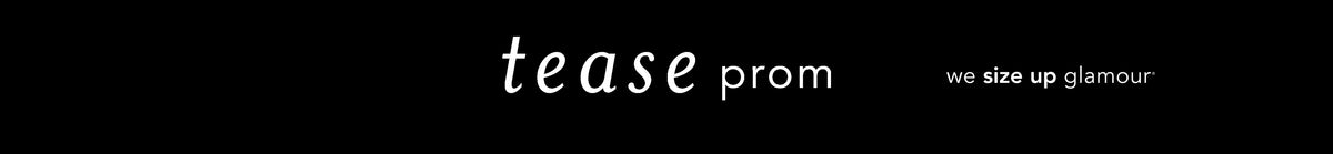 Tease Prom logo with Sydney's Closet tagline, "we size up glamour" on black background.