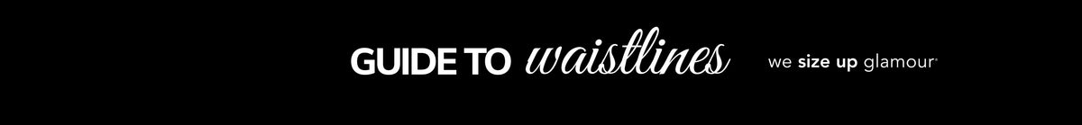 Banner text reading "Guide to Waistlines" with Sydney's Closet tagline, "we size up glamour" on black background.