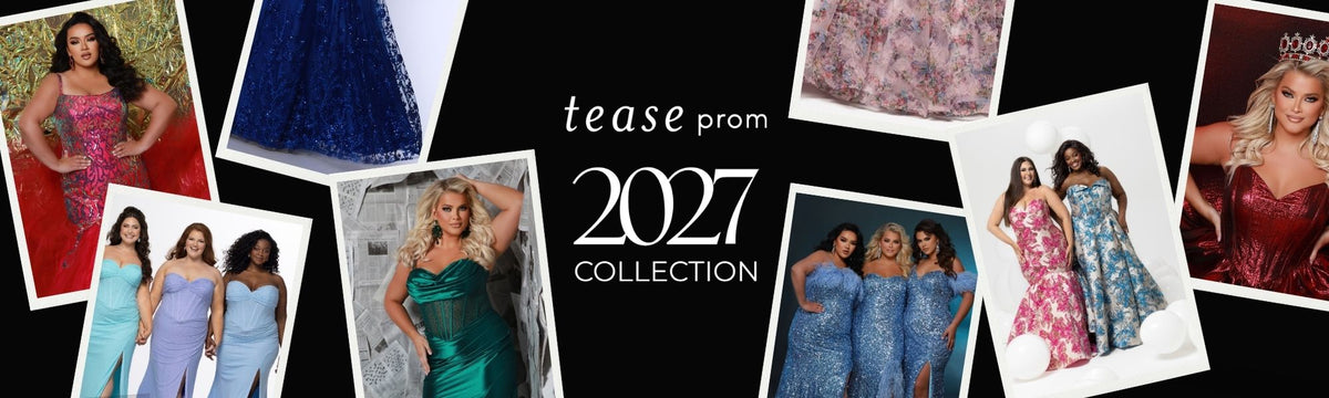 Tease Prom 2027 Collection collage image of plus size prom dresses designed by Sydney's Closet