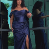Sexy plus size fitted stretch satin formal evening dress with hot fix stones on top of sweetheart leated bodice, detachable drape sleeves, exposed corset boning, ruched fitted skirt with slit and lace-up back. SC7416 in burgundy red or navy blue by Sydney's Closet.