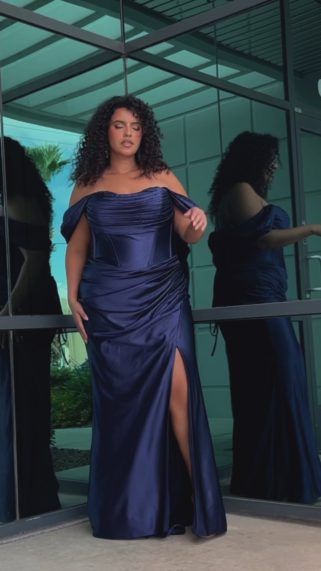 Sexy plus size fitted stretch satin formal evening dress with hot fix stones on top of sweetheart leated bodice, detachable drape sleeves, exposed corset boning, ruched fitted skirt with slit and lace-up back. SC7416 in burgundy red or navy blue by Sydney's Closet.