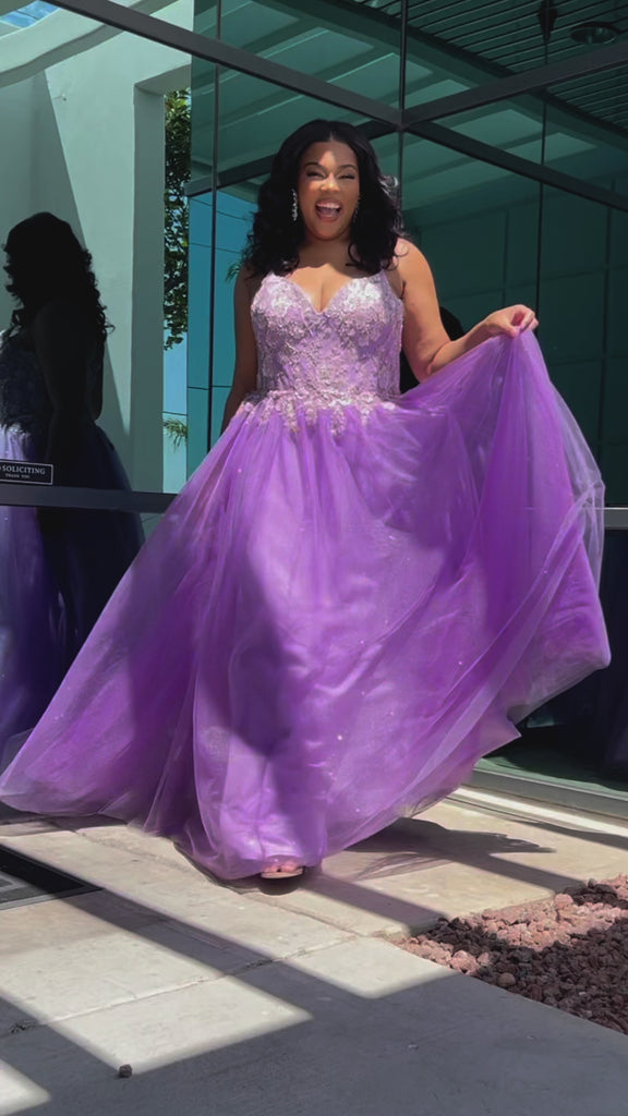 Tease Prom style TE2511 plus size ballgown. Available in slate grey, lavender purple or sky blue with sparkle tulle and lace. 