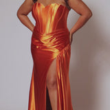 Plus size strapless, sweetheart neckline slim fitted prom dress TE2503 by Tease Prom. Avialablit in cobalt blue, magenta pink and sunset orange. Corset exposed boning on the bodice, basque waistline, slit with ruching and sweep train. 