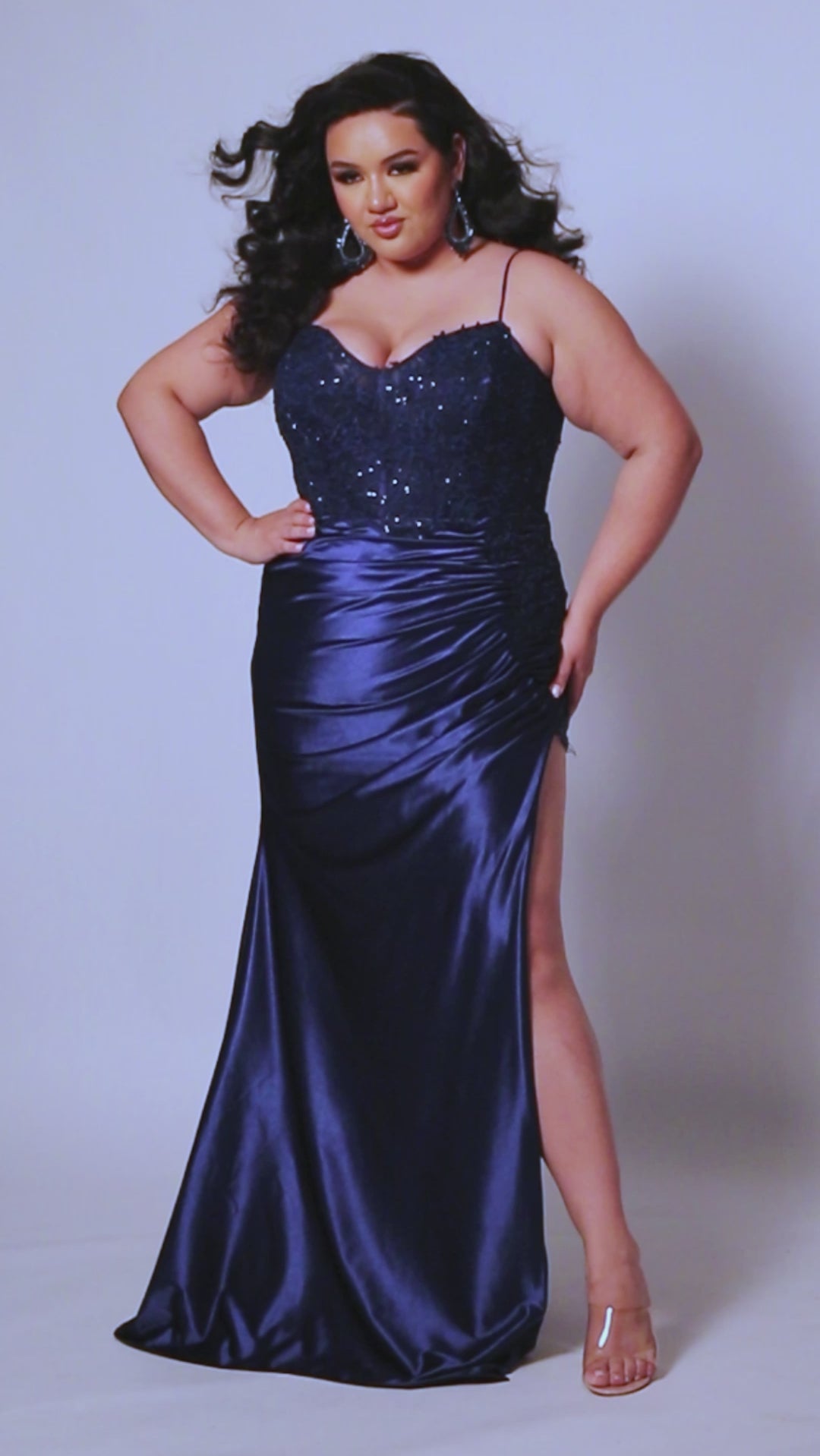 Tease Prom TE2413 Ruched skirt into high slit with lace insert at top of slit, lace covered bodice with removable lining, double spaghetti straps.