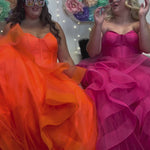 Tease prom TE2420 Lime Green, pink, orange. Tulle ruffles on a tiered skirt, exposed boning on bodice, strapless, ballgown.