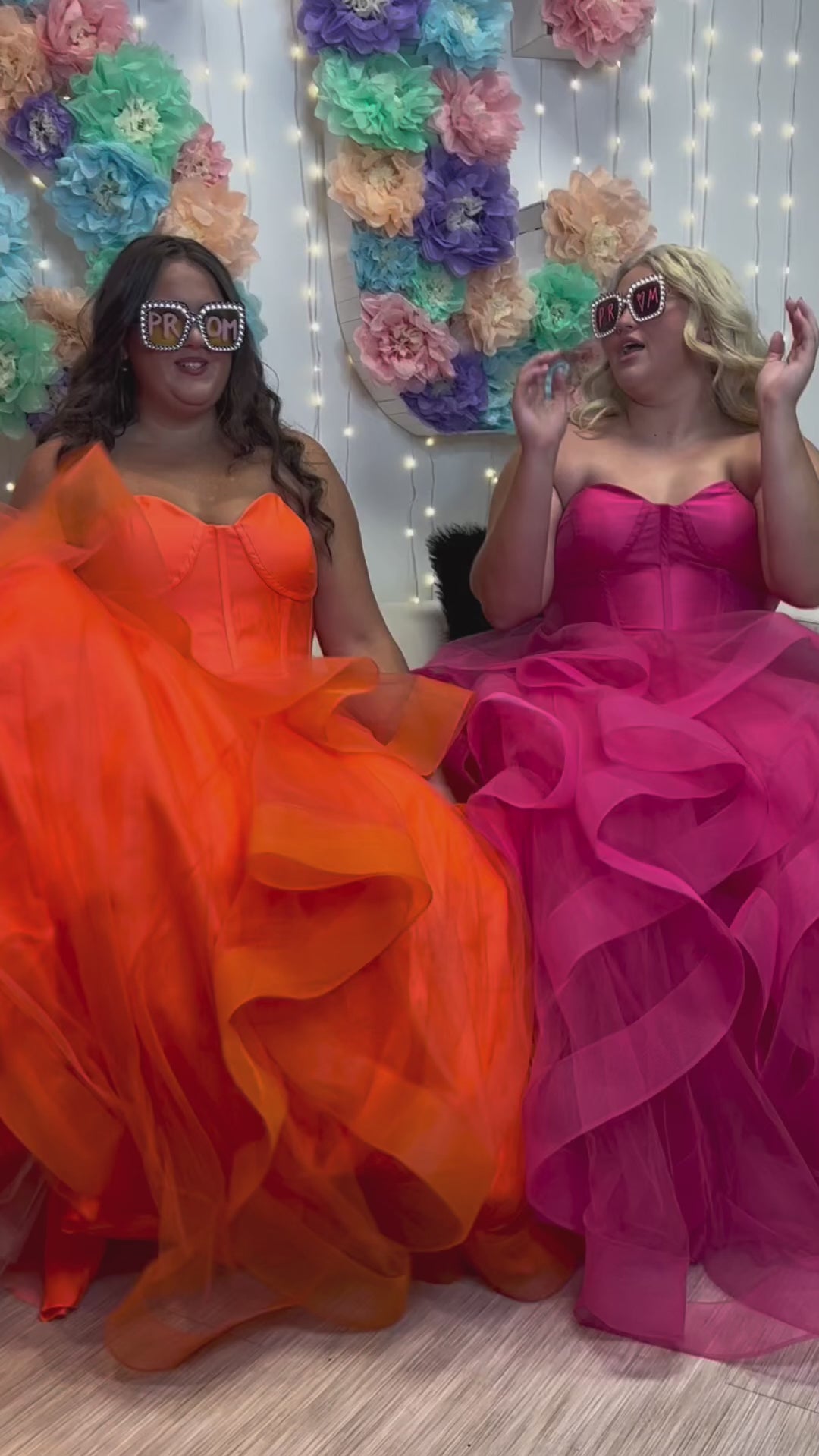Tease prom TE2420 Lime Green, pink, orange. Tulle ruffles on a tiered skirt, exposed boning on bodice, strapless, ballgown.