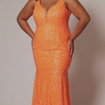 Fitted mermaid prom dress TE2519 by Tease Prom.  Deep v-necking with nude mesh insert, bra-friendly straps and slim fitted skirt. Availablie in tangelo orange or raspberry pink in plus sizes 14-28.