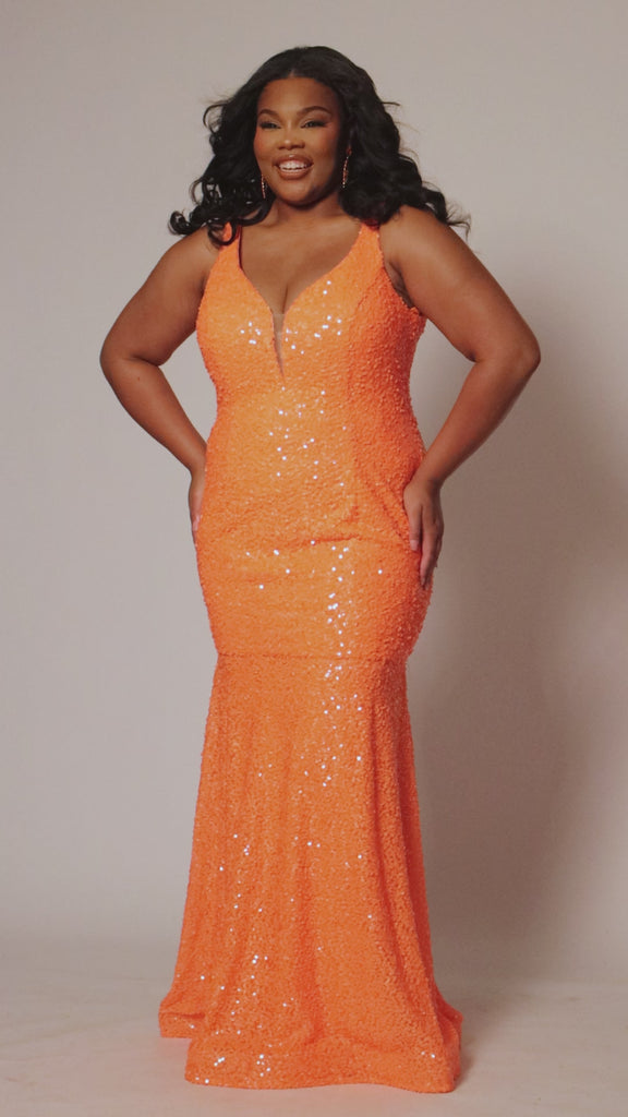 Fitted mermaid prom dress TE2519 by Tease Prom.  Deep v-necking with nude mesh insert, bra-friendly straps and slim fitted skirt. Availablie in tangelo orange or raspberry pink in plus sizes 14-28.